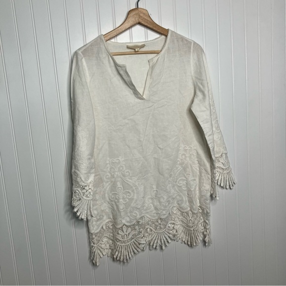 etcetera blouse Size 4 White Sheer Lace Trim Linen Blend Top Breathable - Picture 1 of 9